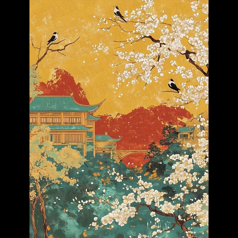 中式喜庆鹊上枝头古风古韵自粘墙贴客厅酒店装饰画茶室背景墙贴纸