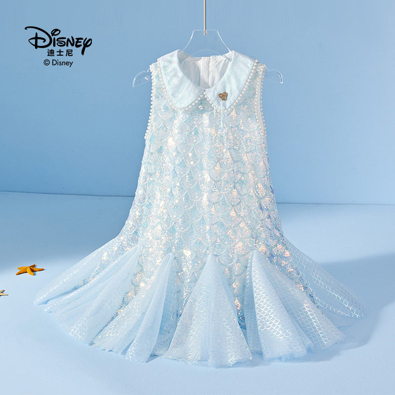 Disney迪士尼女童夏季连衣裙时尚亮片新款儿童蓬蓬美人鱼公主裙子