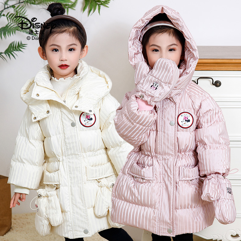 迪士尼女童冬季米妮手套款保暖中长款羽绒服