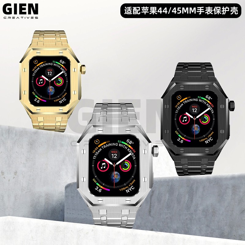 适用Apple watch9/8/7/6/SE二代不锈钢改装壳橡树苹果手表带金属图片
