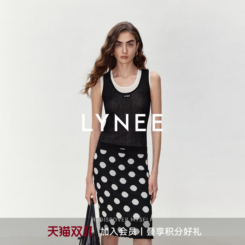 LYNEE 棉混纺miu风 黑白撞色真两件叠穿针织背心女 轻薄无袖上衣