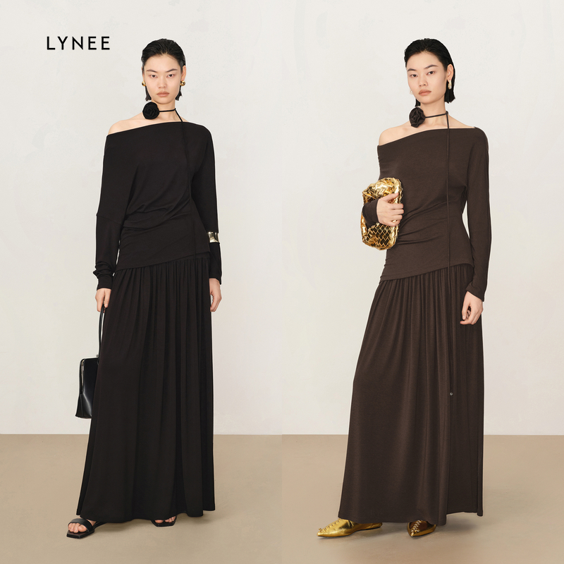LYNEE 一字领斜肩收腰上衣/花朵A字伞摆半裙