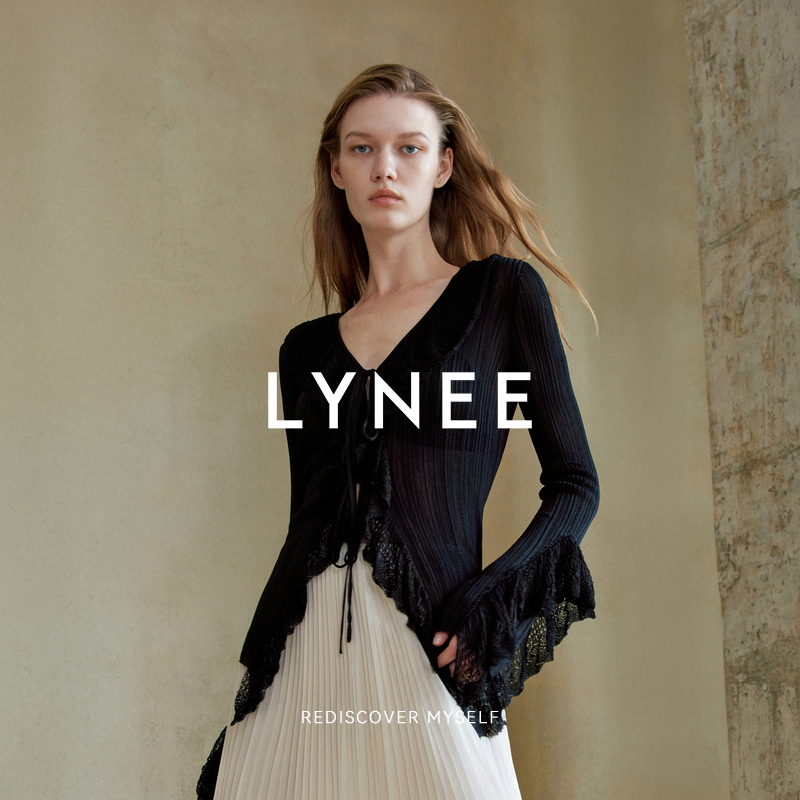 LYNEE 设计感蕾丝荷叶边V领收腰针织开衫女夏季新款优雅时尚上衣