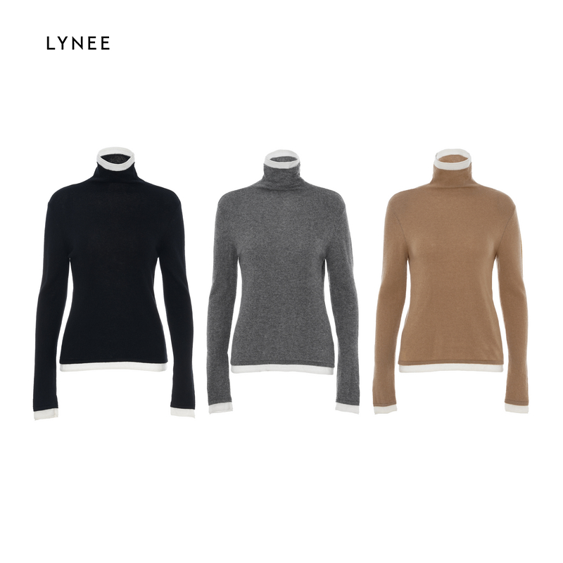LYNEE 全山羊绒高领撞色套头针织衫女2024年秋新款休闲上衣慵懒风