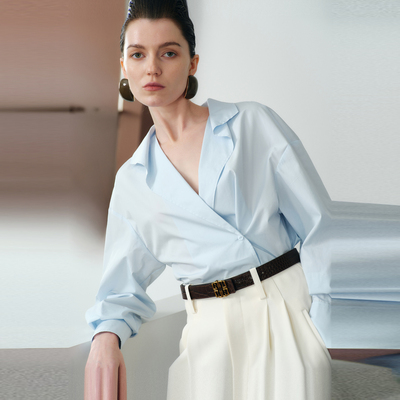 LYNEE【天空之镜】匹马棉翻折领花式上衣 设计感百搭飘带蓝色衬衫