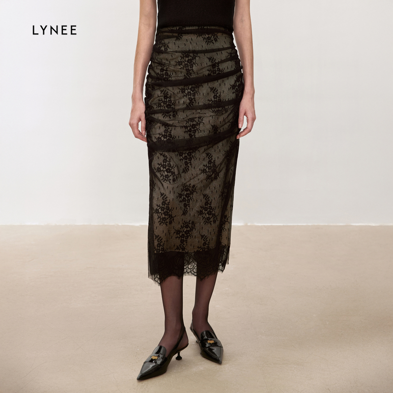 LYNEE 蕾丝裹身高腰黑色直筒半身裙女设计感显瘦气质半裙