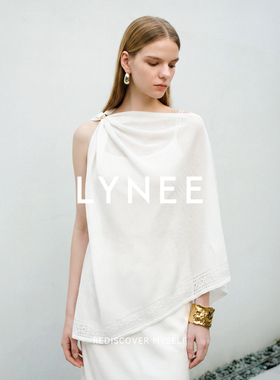 LYNEE【浮光】白色亚麻混纺斜肩蕾丝针织披肩围巾式上衣夏空调衫