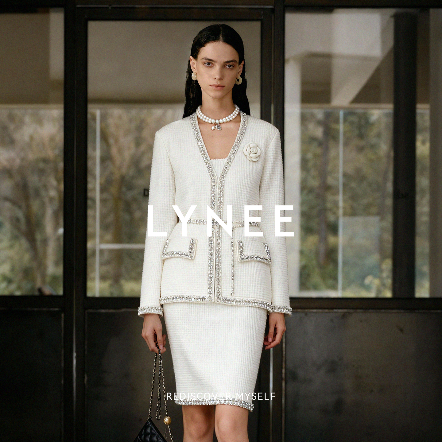 LYNEE【黑标晨曦】千金贵气感珍珠镶边山茶花针织小香套装/外套