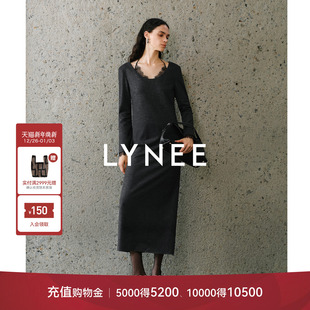 收腰显瘦百搭羊毛长裙 蕾丝拼接针织连衣裙女冬季 LYNEE 芭蕾裙