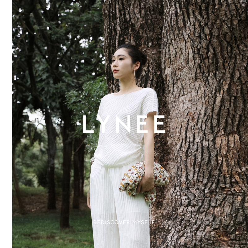 LYNEE  新款夏季褶皱上衣风琴褶时尚宽松休闲圆领真丝套头衫女