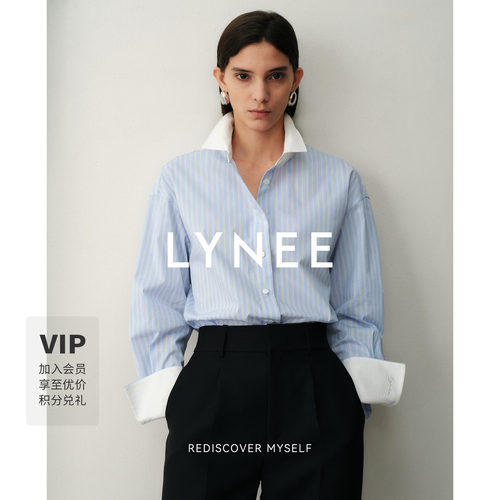 LYNEE【慢调巴黎】撞色领蓝色条纹衬衫女春秋棉混纺百搭休闲衬衣