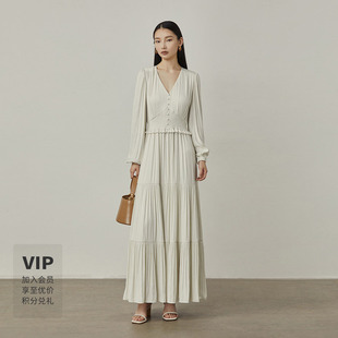 LYNEE 飘逸度假风V领垂感大摆连衣裙感长裙优雅显瘦 明星同款