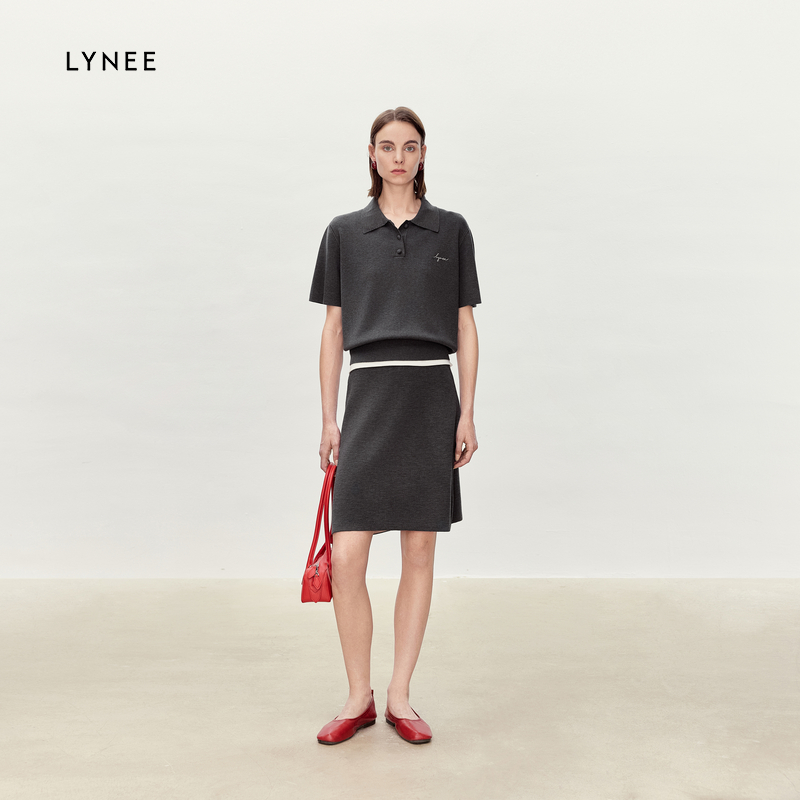 LYNEE 简约针织短袖POLO衫松紧腰双色短款半身裙休闲两件套女