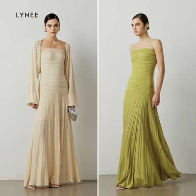 LYNEE 夏季千金风细闪丝灯笼袖披肩裹胸式连衣裙褶皱长裙
