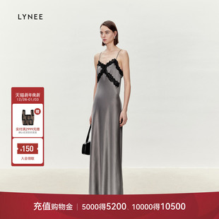 LYNEE 裙子 醋酸缎面垂顺蕾丝拼接V领吊带连衣裙女优雅显瘦法式