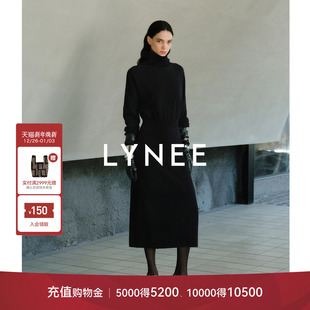 厚款 LYNEE 黑色高领收腰显瘦冬季 博物馆 针织连衣裙 黑标