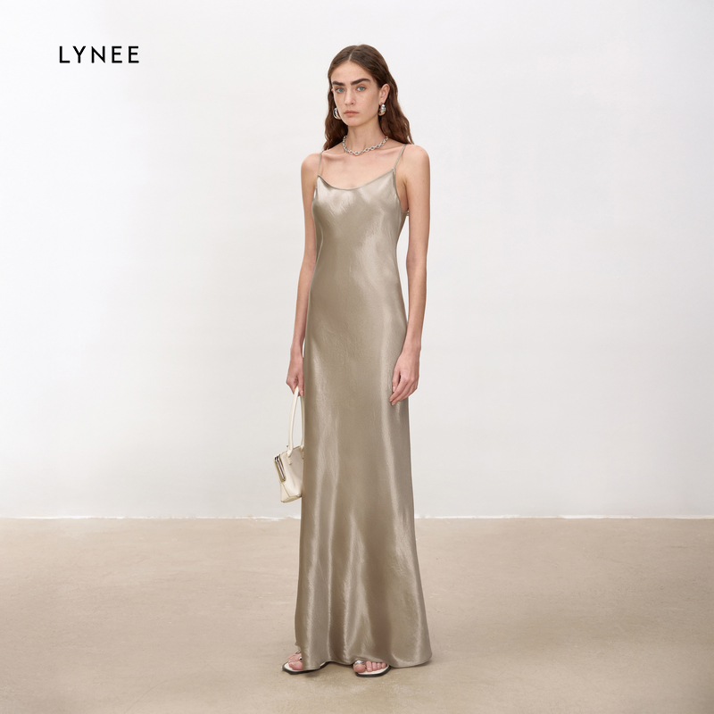 LYNEE 光泽感醋酸U领细吊带收腰连衣裙女简约优雅法式长裙香槟色