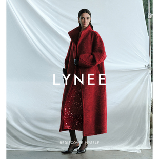 LYNEE【黑标新生】羊毛羊驼毛马海毛圈圈毛红色泰迪长款大衣外套