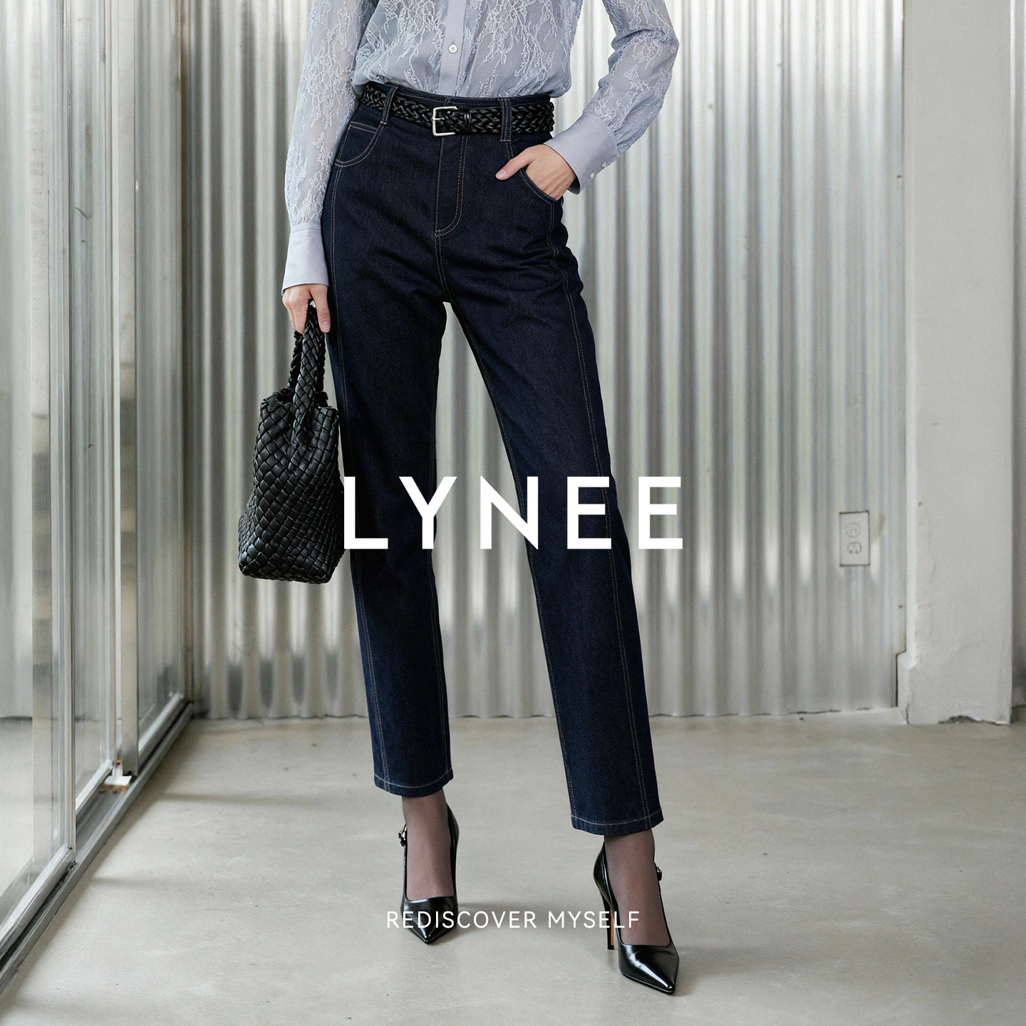 LYNEE 高腰牛仔锥裤 棉混纺深蓝色百搭长裤LGD2CAN006