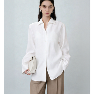 LYNEE 女夏季 新款 休闲衬衣百搭 微抗皱亚麻肌理感简约白色衬衫