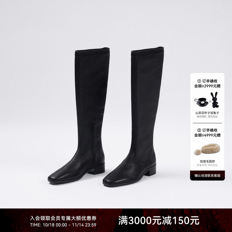 LYNEE 羊皮弹力长靴女2025秋冬新款英伦风高筒粗跟骑士靴真皮靴子