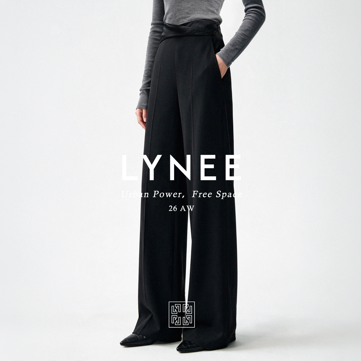 LYNEE黑标月光斜影羊毛阔腿裤图片