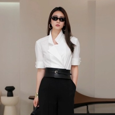 LYNEE 立领设计感简约白色短袖衬衫女夏季新款时尚衬衣百搭
