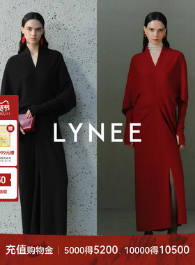 LYNEE【云汐】纯羊毛针织连衣裙 中式氛围感蝙蝠袖复古红色长裙