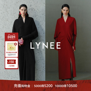 LYNEE【云汐】纯羊毛针织连衣裙 中式氛围感蝙蝠袖复古红色长裙
