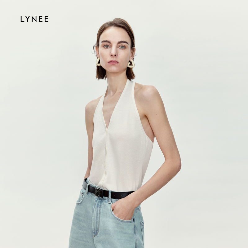 LYNEE 简约挂脖V领收腰针织背心女内搭休闲无袖外穿上衣百搭