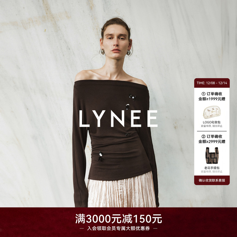 LYNEE【邂逅】羊毛手工钉珠上衣  一字领收腰套头针织衫