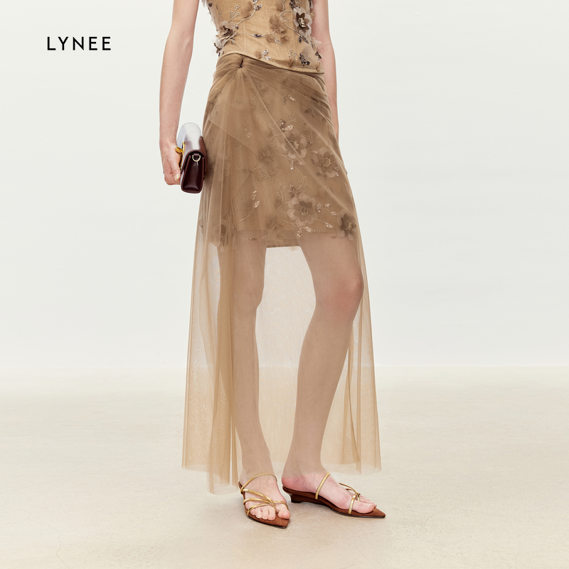 LYNEE 夏日花园重工立体绣花不规则网纱半身裙女气质半裙新款