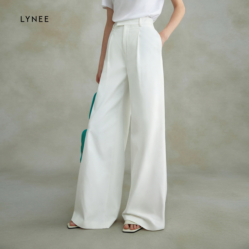 LYNEE 简约高腰倒褶宽松阔腿裤女2025新款夏季休闲百搭长裤