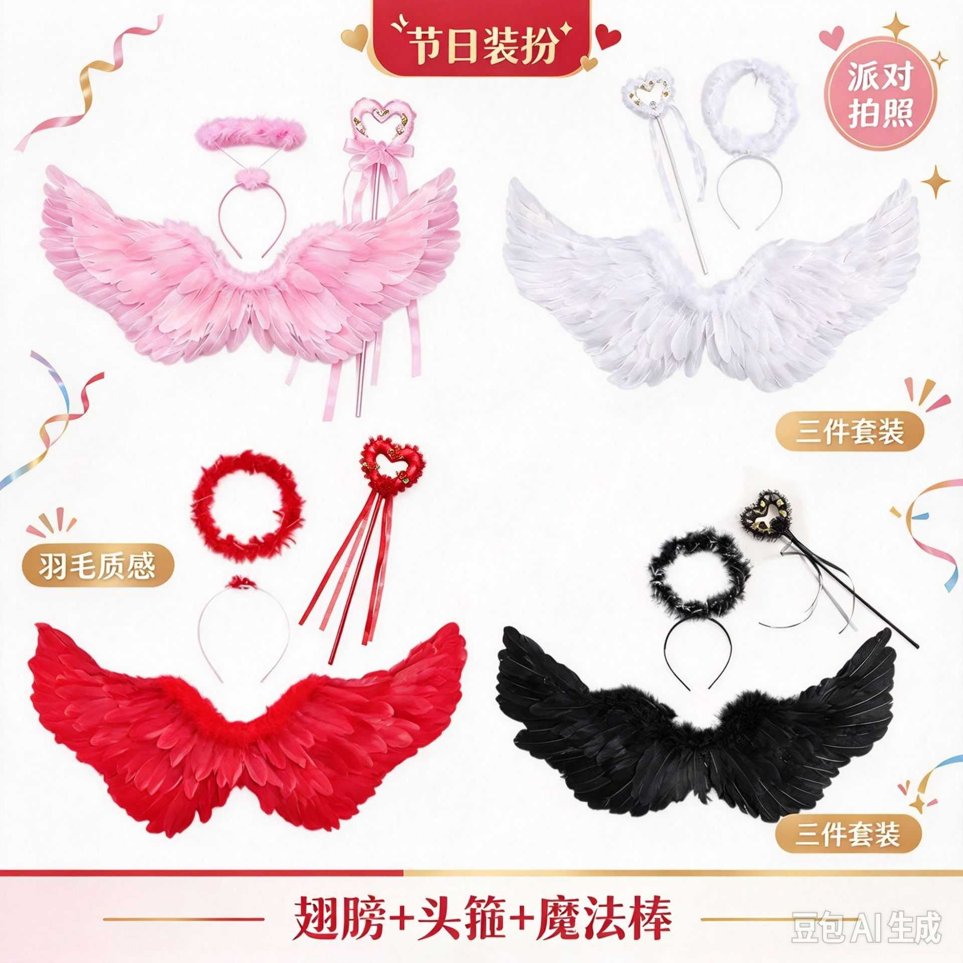 万圣节道具天使翅膀黑白色羽毛翅膀装饰成人儿童表演公主花童装扮