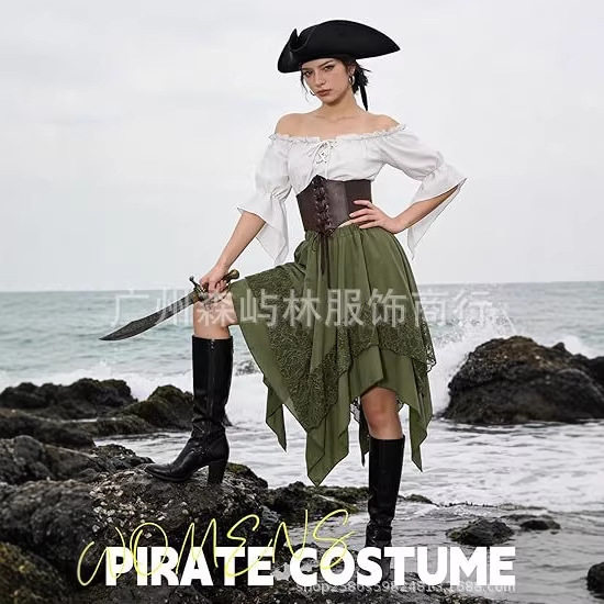 欧美新品万圣节套装 海盗文艺复兴一字肩上衣 尖角蕾丝海盗半身裙