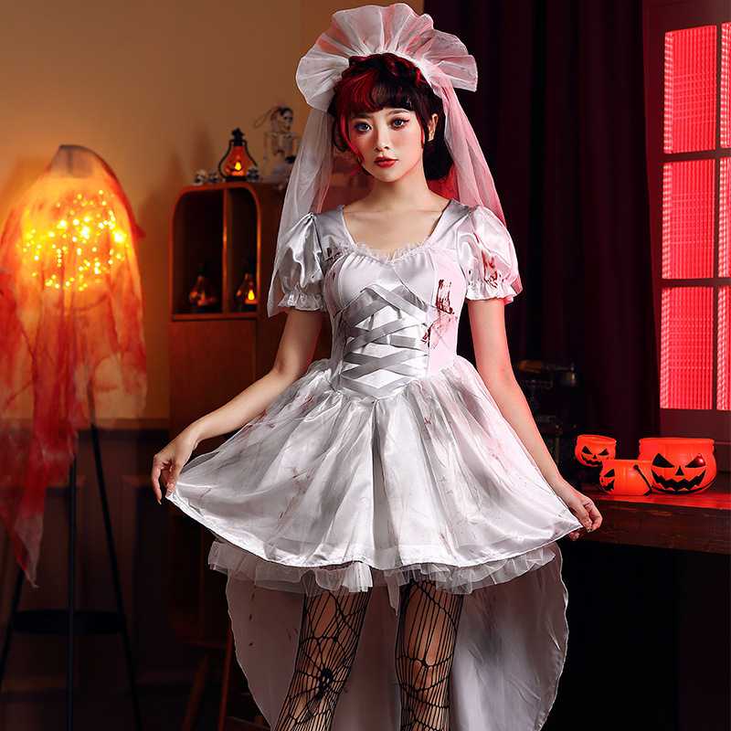 万圣节服装吸血鬼白色鬼新娘派对血迹装艺术写真cos服节日派对服