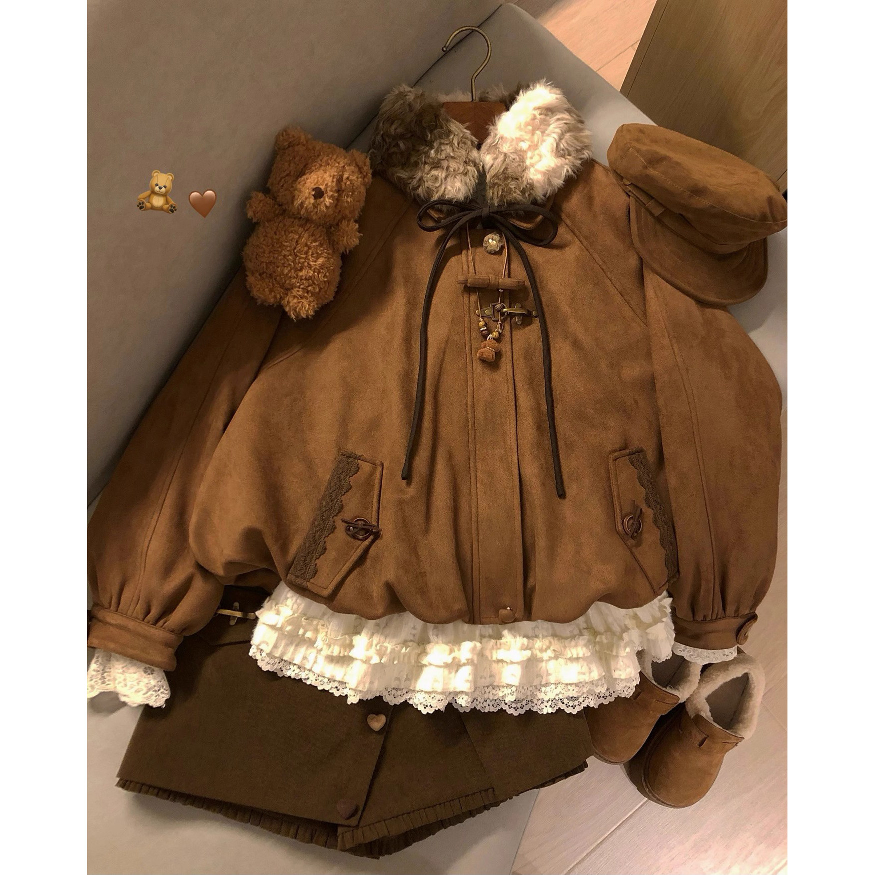 复古风蝴蝶结毛领麂皮绒短外套女冬季美拉德棕色夹棉棉袄花苞夹克,女装/女士精品,短外套,淘宝优惠券,粉丝福利购,淘宝优惠卷