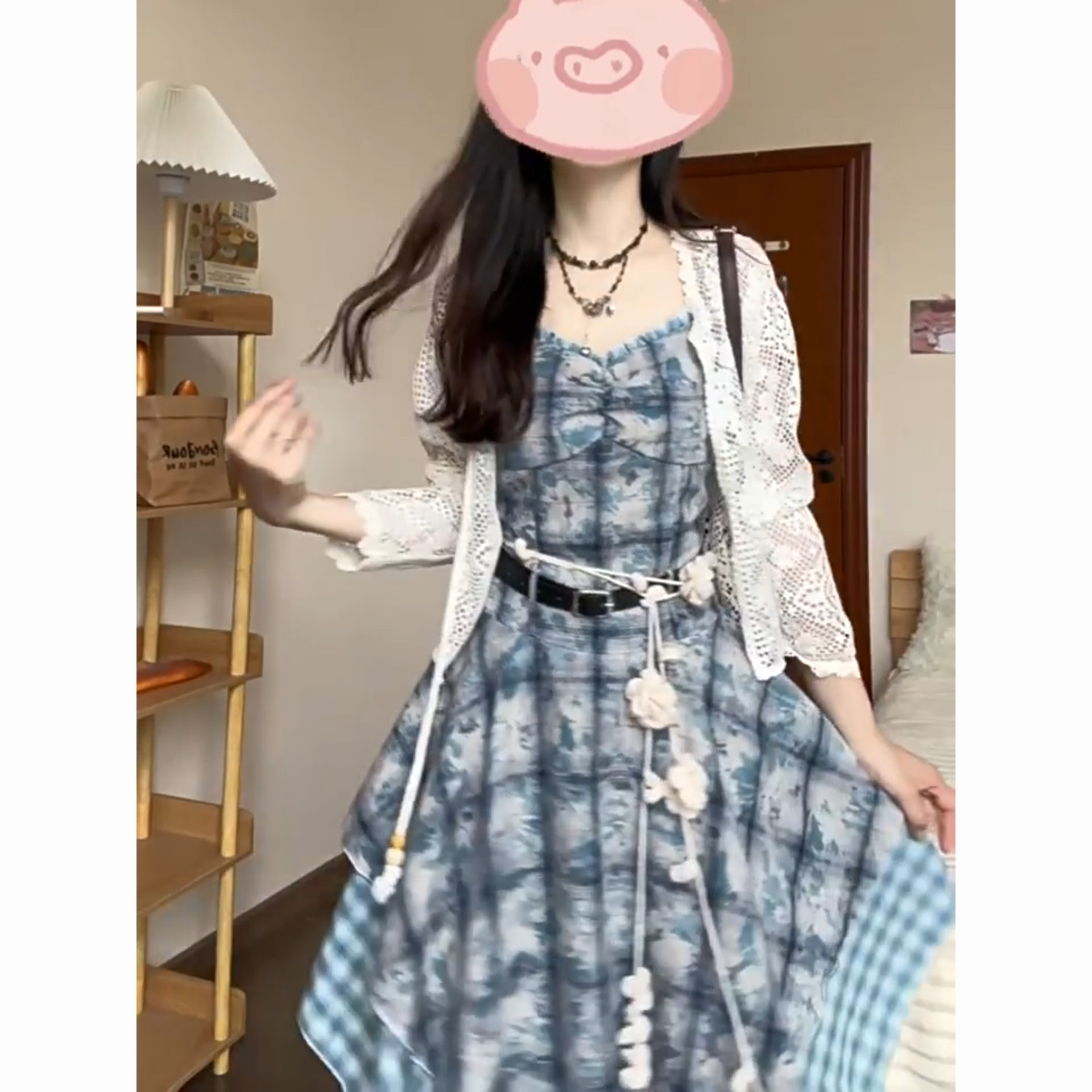 民族风扎染格纹吊带裙子套装女夏图片
