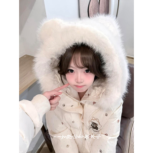 可爱小熊印花连帽毛领波点棉服外套女装学生冬季少女减龄棉衣棉袄