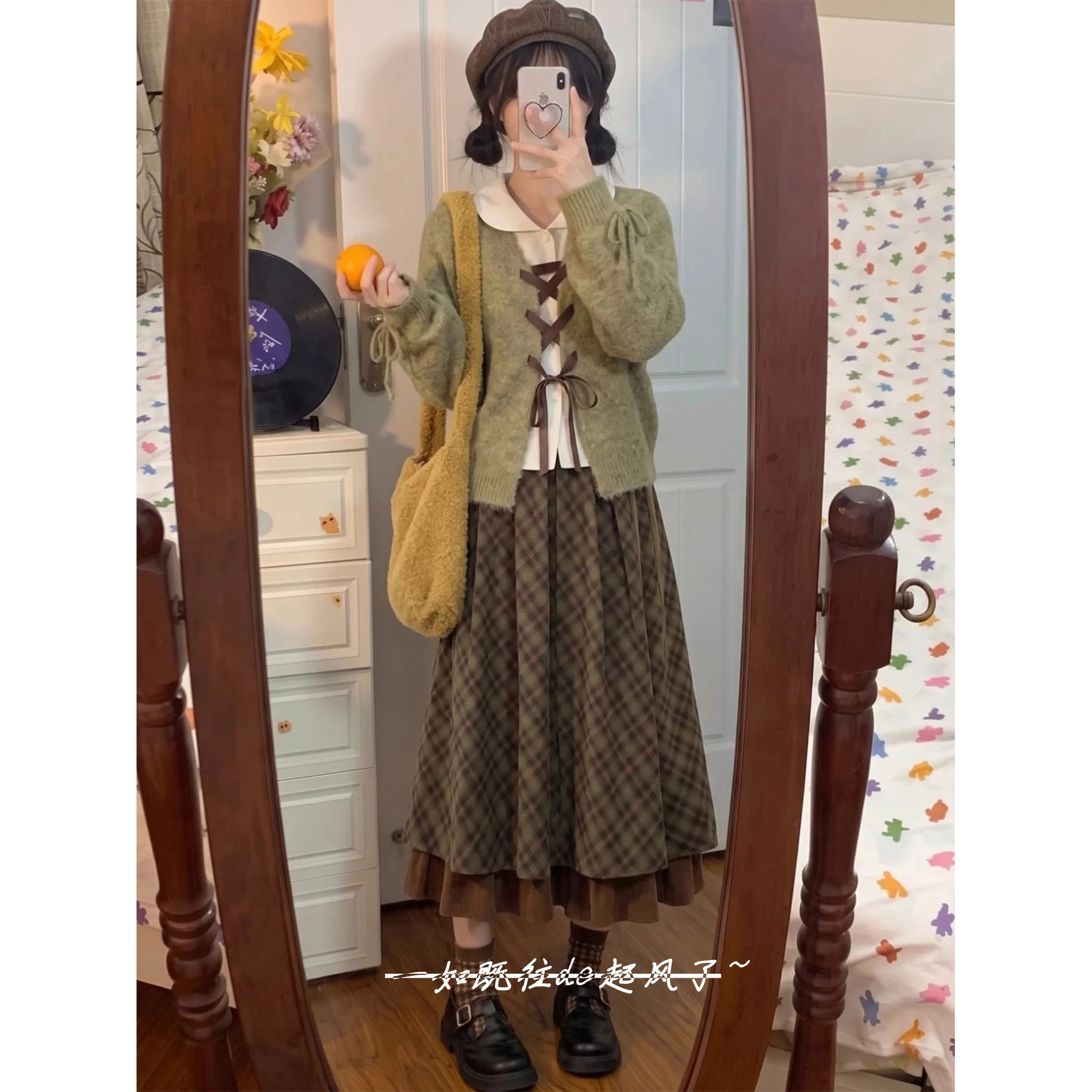 古早感绿色假两件娃娃领针织开衫上衣毛衣格纹半身裙子套装女长裙