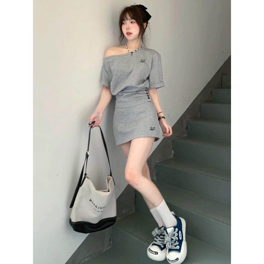 气质休闲运动套装女夏季学生韩版时尚宽松斜肩短袖短裙两件套显瘦