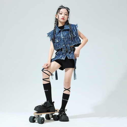 儿童街舞童装美式甜酷女童牛仔马甲腰封女团爵士舞演出服潮流套装