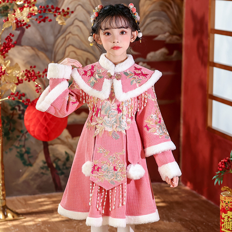 女童连衣裙秋冬款唐装2025新款公主裙小女孩洋气儿童加绒新年衣服