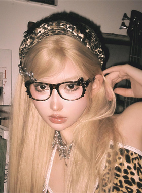 Kitty豹纹眼镜框y2k复古辣妹亚文化镜架可爱千禧风蝴蝶结毛绒发箍