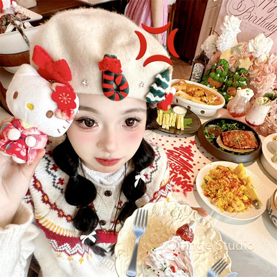 圣诞节氛围感白色毛呢贝雷帽女秋冬保暖节日装饰头饰可爱配饰穿搭