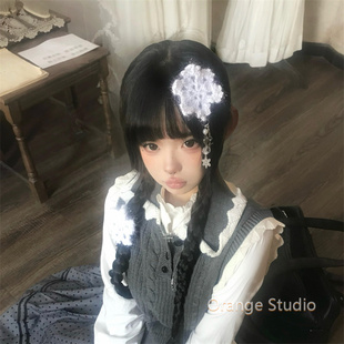 日系古着感手工钩织雪花流苏发夹白色可爱毛绒侧边刘海夹小众头饰