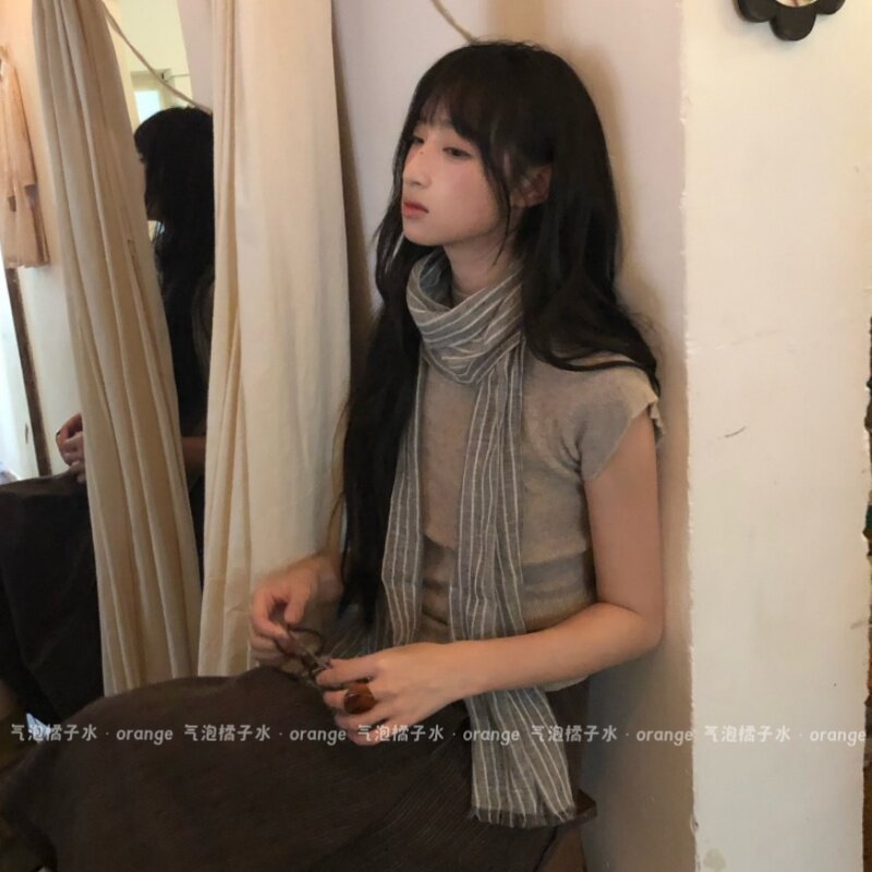 复古请冷感亚麻条纹围巾