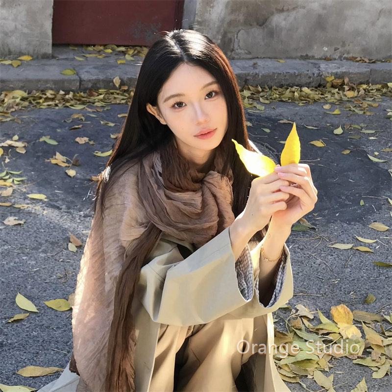 县城文学 棕色复古文艺风棉麻围巾秋冬民族风拼色皱丝巾西北旅游