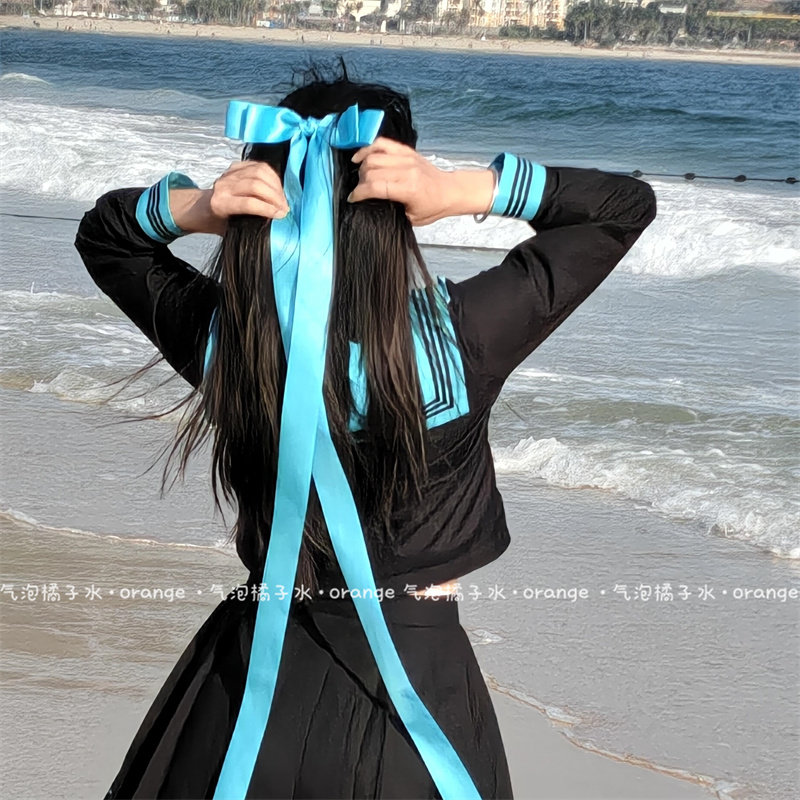 日系黛绿色蝴蝶结超长飘带发夹甜美少女感jk制服发卡海边拍照发带