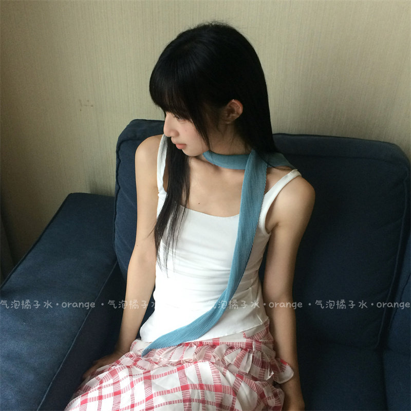 春夏复古文艺感蓝色斜纹丝巾日系古着感长条围巾小众纯色护颈领巾
